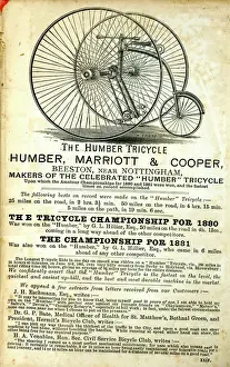 Prints of Advertisement, The Humber Tricycle, Humber, Marriott and Cooper, Beeston, near Nottingham. 1890s Poster Prints: Humber Tricycle Advertisement Print, 1890s