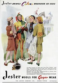 1947 Jester Wools Print: A Colourful Court Jester at the Races