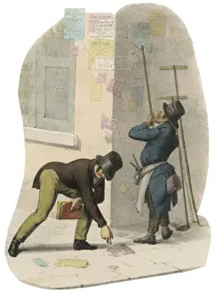 Print of Billposting in 1827 - Taking Down and Picking Up