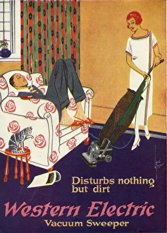 Advertisement for the Western Electric vacuum cleaner with a women patiently cleaning Advertisement for the Western Electric vacuum cleaner with a women patiently cleaning