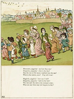 Adults and children running from a village Adults and children running from a village