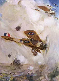 Aerial combat over trenches during First World War Aerial combat over trenches during First World War