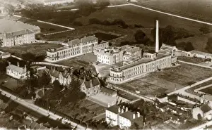 Prints of An aerial view of Redhill Hospital, Hendon, Middlesex originally opened in 1927 as the Hendon Union infirmary. The older building (below centre) was originally the Hendon Union school, erected in 1859 Hospital Prints: Aerial view of Redhill Hospital, Hendon, Middlesex Print