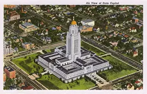 Prints of Aerial view of State Capitol, Lincoln, Nebraska, USA. Date: 1941 Monuments And Landmark Prints: Aerial View of Nebraska State Capitol Print, 1941