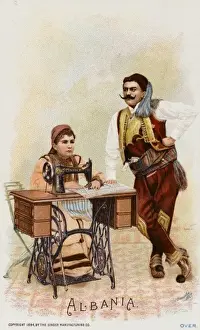 Albanian Woman Using a Singer Sewing Machine Print