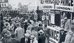 Alf Prince, bookmaker - stand at Epsom racecourse. Date: 1937 Alf Prince, bookmaker - stand at Epsom racecourse. Date: 1937