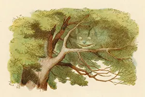 Prints of Alice and the Cheshire Cat -- the grinning cat, with whom Alice has just had a conversation, fades away as it sits on a tree branch Cheshire Prints: Alice and the Cheshire Cat Print