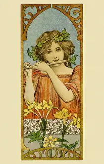 Prints of Female piper in an Art Nouveau setting. Date: circa 1895 Alphonse Mucha Prints: Alphonse Mucha Female Piper Art Nouveau Print circa 1895