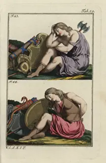 Ancient Battle Scene Prints: Two Amazons with shields and weapons, the one