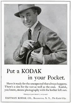 American advert for a compact pocket Kodak camera. Date: 1916 American advert for a compact pocket Kodak camera. Date: 1916