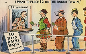 American cartoon, Scotsman placing a bet at the dog track American cartoon, Scotsman placing a bet at the dog track