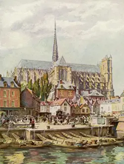 Prints of The cathedral seen from across the river Somme Date: circa 1910 Somme Prints: Amiens Cathedral Print, circa 1910