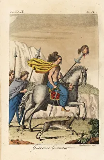 Ancient Germanic warrior with heads of his victims Ancient Germanic warrior with heads of his victims