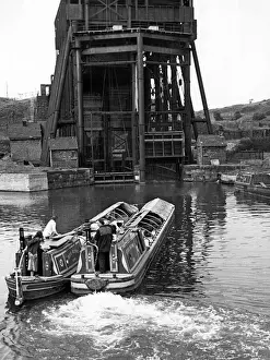 Prints of The Anderton Boat Lift, near Northwich, Cheshire, England, which transfers the canal narrow boats from the River Weaver to the Trent and Mersey Canal and vice-versa. Date: June 1963 River Prints: Anderton Boat Lift Print, June 1963