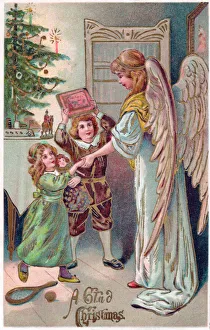 Angel with children and gifts on a Christmas postcard Angel with children and gifts on a Christmas postcard
