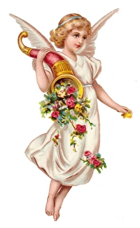 Angel with cornucopia of flowers on a Victorian scrap Angel with cornucopia of flowers on a Victorian scrap
