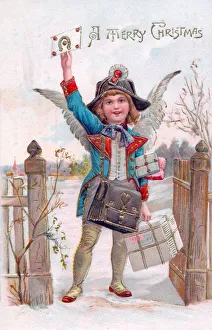 Angel delivering presents on a Christmas postcard Angel delivering presents on a Christmas postcard