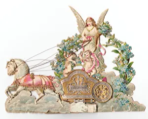 Angel with horse-drawn chariot on a Christmas card Angel with horse-drawn chariot on a Christmas card