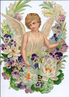 Angel surrounded by flowers on a Victorian scrap Angel surrounded by flowers on a Victorian scrap