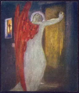 Angels Prints: Print of an angel with red wings at a door