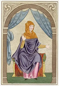 Anglo-Saxon lady in a pink tunic or kirtle underneath a purple draped mantle Anglo-Saxon lady in a pink tunic or kirtle underneath a purple draped mantle