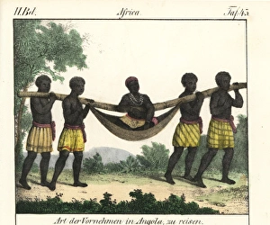 Angolan nobleman being carried by servants in a hammock Angolan nobleman being carried by servants in a hammock