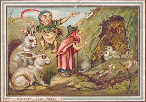 Animals, birds and fairy folk on a New Year card Animals, birds and fairy folk on a New Year card