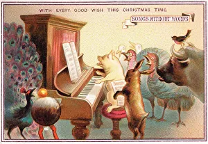 Animals and birds singing round a piano on a Christmas card Animals and birds singing round a piano on a Christmas card