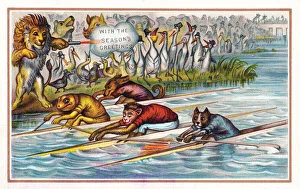 Animals in boat race on a Christmas card Animals in boat race on a Christmas card