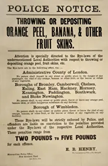 Prints of Metropolitan Police notice warning against throwing or despositing orange peel, banana or other fruit skins in the street in London Police Prints: Anti Fruit Throwing Sign Print