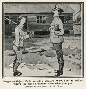 Prints of Cartoon on the comparitive intelligence of British Privates and Officers. the Sergeant-Major stating hes ad orficers whats d more h intellec than what you got Sergeant Major Prints: British Army Intelligence Compared: Print of a Satirical Cartoon