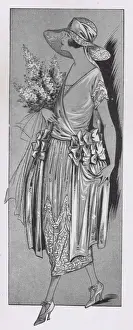 Prints of Art deco fashion sketch of bridesmaid dress, London, 1921. Dres of taffeta in flower shadings of rose, delphinium, blue, lilac or daffodil with underskirts of georgette and silver lace Date: 1921 Fashion Prints: Art Deco Fashion Sketch Print, London, 1921
