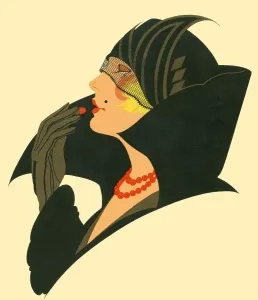Prints of Striking illustration showing a lady wearing a dramatic black hat with veil, together with red beads and a flamboyant turned up collar, about to apply vivid red lipstick Embrace The Elegance: Art Deco Poster Art Collection: Art Deco Lady Applying Red Lipstick Print