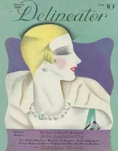 Prints of Art deco front cover illustration featuring a fashionable and elegant woman wearing an emerald green evening dress with matching jewellery, a fur wrap and with fashionably cropped blonde hair Embrace The Elegance: Art Deco Poster Art Collection: Emerald Green Evening Dress Art Deco Print 1929