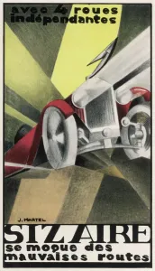 Prints of Art deco inspired poster for the Sizaire car with its headlamps blazing Embrace The Elegance: Art Deco Poster Art Collection: 1925 Art Deco Sizaire Car Print
