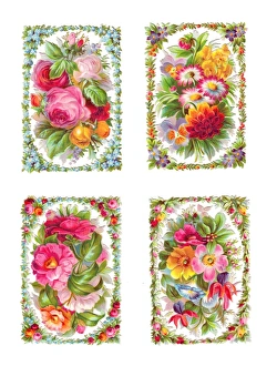 Assorted flowers on four Victorian scraps Assorted flowers on four Victorian scraps