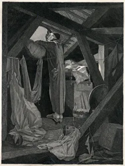 Astronomer looking at the sky from an attic room Astronomer looking at the sky from an attic room