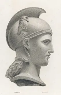 Prints of A colossal head of Minerva, an example of very early Greek sculpture. The goddess is shown in a heavily restored form with later additions of a helmet crest and owl motifs Related Prints: Athena Minerva Bust Print