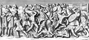 Prints of Roman troops attack a Dacian village, carrying a tree-trunk to batter down its gates (modern Romania) - they were finally defeated by Trajan in 106 Date: 101 - 106 Romania Prints: Attack on Dacian Village Roman Print (101-106 AD)