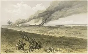 Sebastopol Print: Troops advancing amidst burning town smoke