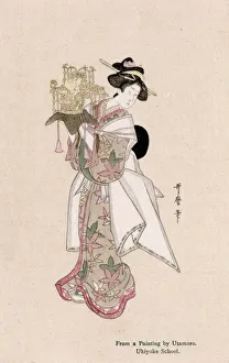Attendant holding up a magnificent crown by Kitagawa Attendant holding up a magnificent crown by Kitagawa
