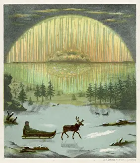 Prints of A reindeer pulls a sleigh along with aurora borealis in the background Reindeer Prints: Aurora Borealis Print featuring a Reindeer and Sleigh