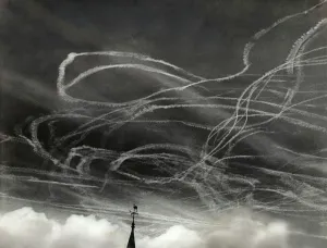Prints of A Mass of White Contrails During a Battle-Of-Britain Dog-Fight in the Sky over the Spire of Saint Francis Catholic Church, Maidstone, Kent, UK Date: 1940 Kent Prints: Battle of Britain Dogfight Print, 1940