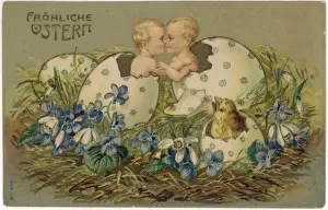 Decorated Easter Eggs Prints: Two babies and a chick hatching out of Easter eggs