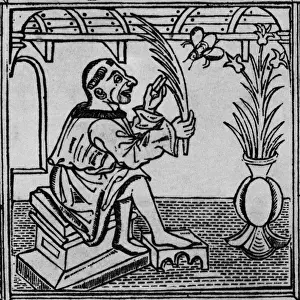Prints of The bald man and the fly. Aesops fable.Date: 15th century Aesop Prints: 15th Century Print: The Bald Man and the Fly, Aesop's Fable