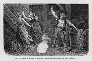Prints of inside a farmhouse at Salagnac, Correze (France) a boule alarms two girls but the only victim is a pig in the adjoining stable Date: 10 September 1845 Correze Prints: Print of Ball Lightning inside a Farmhouse at Salagnac