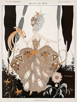 Prints of An elaborately dressed woman with a firebird on her hand: a design influenced by the recent Diaghilev ballet, with music by Stravinsky Art Prints: Ballet Firebird Print: Woman with a Firebird on Her Hand