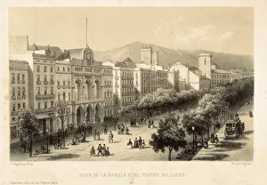 Prints of Barcelona (19th c.). The Rambla and the Teatro del Liceo opera house. Drawing by Isidore Deroy. Litography. SPAIN. Barcelona. Barcelona City History Museum Opera Prints: Barcelona Print: The Rambla and Teatro del Liceo
