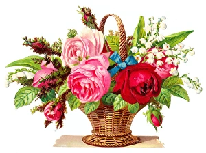 Basket of roses and lily of the valley on a Victorian scrap Basket of roses and lily of the valley on a Victorian scrap