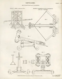 Copperplate Engravings Art Prints: Battering ram and catapult
